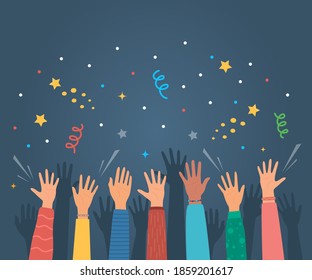 Raised hands of happy people celebrating. Crowd of people at party. People celebrate. Firecrackers, confetti, fireworks, carnival. Diverse young people, male and female, hands. Vector illustration