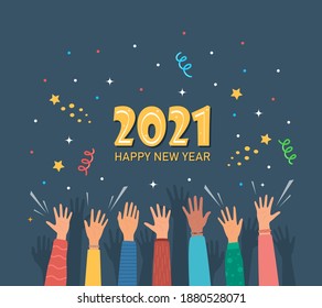 Manos alzadas de gente feliz celebrando Año Nuevo 2021. Multitud de personas en la fiesta. La gente celebra. Disparos, confeti, fuegos artificiales, carnaval. Tarjeta de saludo de Año Nuevo. Ilustración del vector