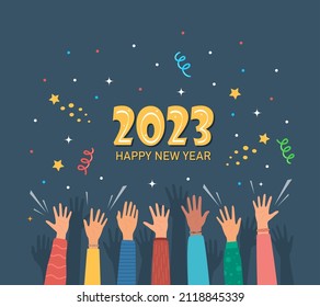 Raised hands of happy people celebrating New Year 2023. Crowd of people at party. People celebrate. Firecrackers, confetti, fireworks, carnival. New Year greeting card. Vector illustration
