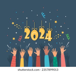 Raised hands of happy people celebrating New Year 2024. Crowd of people at party. People celebrate. Firecrackers, confetti, fireworks, carnival. New Year greeting card. Vector illustration