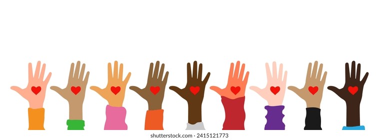 Raised hands with heart by different people. Unite for a common cause.