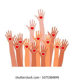 Raised hands with heart icon. Raised hands up together with different skin tone of many peoples concept of democracies, volunteer, or racial concept design by vector illustrator