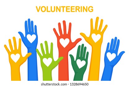 Raised hands with heart isolated on white background. Volunteering, charity, donate blood concept. Thank for care. Vote of crowd. Vector flat design