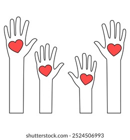 Raised hands with hearts. Volunteering concept. Vector illustration isolated on white.