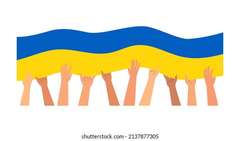 Raised hands hold the flag of Ukraine. Patriotism, independence day, national pride. Isolated flat vector illustration
