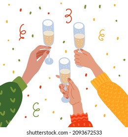 Raised hands holding champagne glasses. New year celebrating with confetti. Party invitation backgroundFlat hand drawn vector illustration.