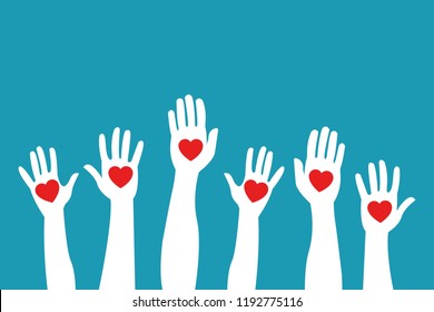 Raised hands holding giving red color hearts isolated on blue background. Charity volunteering elections voting concept. Eps 10 Vector illustration, Minimalist white blue flat business style modern.