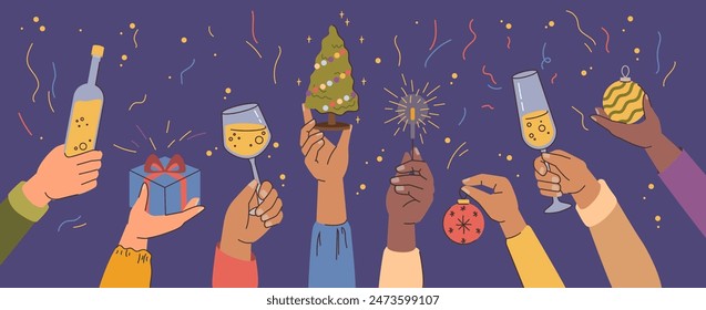 Manos levantadas sosteniendo vasos y botellas con vino espumoso o champán, juguete del árbol de navidad y chispa. Decoraciones festivas de Vector para el Año Nuevo o Navidades. Tarjeta de felicitación decorada con confeti