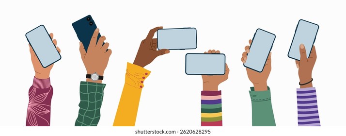 Raised up hands holding mobile phones with empty blank screen. People using smartphone. Hand drawn vector illustration isolated on white background, modern flat cartoon style.