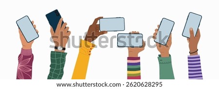Raised up hands holding mobile phones with empty blank screen. People using smartphone. Hand drawn vector illustration isolated on white background, modern flat cartoon style.