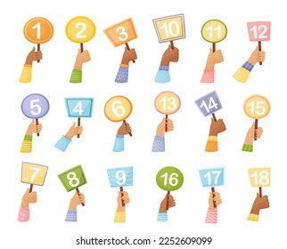 Raised Up Hands Holding Number Cards Ranking Something Big Vector Set