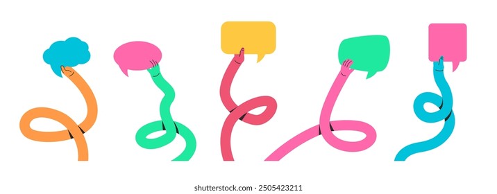 Raised hands holding speech bubbles. Doodle long twisted flexible arm carries in hand feedback frame or opinion message box. Colorful abstract comment template vector set.