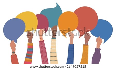 Raised hands holding speech bubbles symbolizing diversity inclusion and multicultural unity