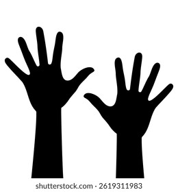 Raised hands icon. Black silhouettes of two raised hands isolated on white background. Vector illustration.