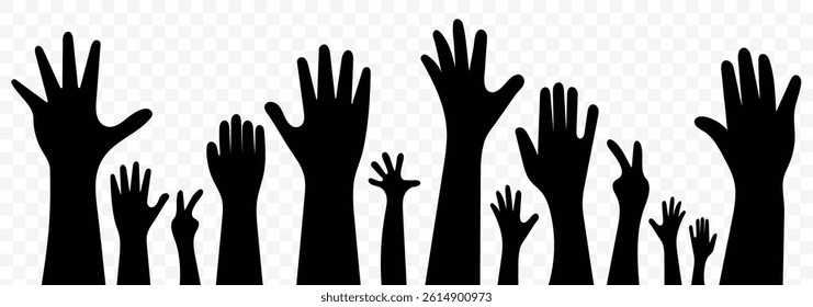 Raised hands icon. Human raised hands silhouette illustration. Symbol or logo of peoples, community, organization, democracy, donation, charity. Arms on the top. Vector illustrator