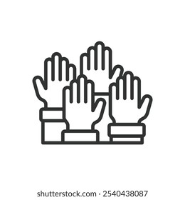 Raised hands, icon in line design. Raised hands, hands up, group participation, community support, teamwork, solidarity, unity symbol on white background vector. Raised hands editable stroke icon