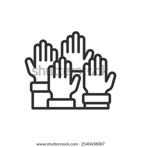Raised hands, icon in line design. Raised hands, hands up, group participation, community support, teamwork, solidarity, unity symbol on white background vector. Raised hands editable stroke icon