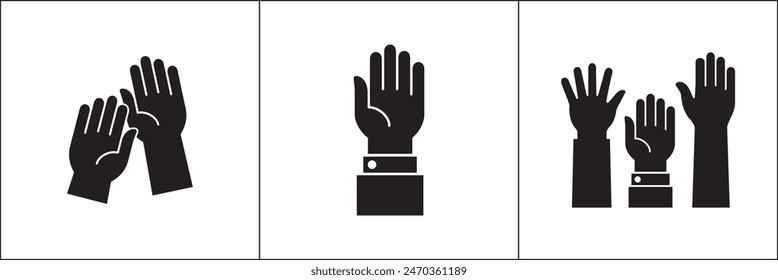 Raised hands icon. Raise hand symbols. Hand sign. Symbol or logo of peoples, community, organization, democracy, donation, charity. Vector stock graphic design in flat style isolated on white.