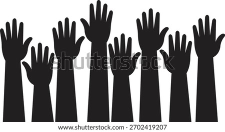 Raised hands icon in trendy flat style, showing diverse human arm silhouette black vector illustration for volunteer support, unity, voting, teamwork, participation, charity and community concept.