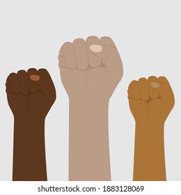 Raised hands into a fist. Demonstration of the revolution of protest.
A symbol of justice and equality, human rights, feminism, diversity and inclusivity concept . Black lives matter movement.