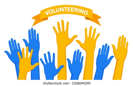Raised hands isolated on white background. Volunteering, charity, donate blood concept. Thank for care. Vote of crowd. Vector flat design