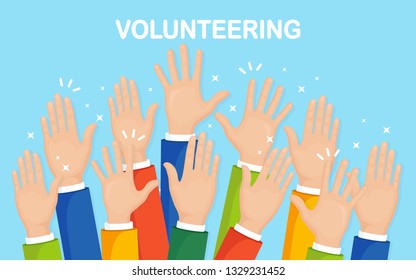 Raised hands isolated on white background. Volunteering, charity, donate blood concept. Thank for care. Vote of crowd. Vector flat design