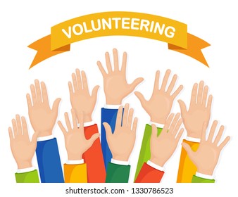 Raised hands isolated on white background. Volunteering, charity, donate blood concept. Thank for care. Vote of crowd. Vector flat design