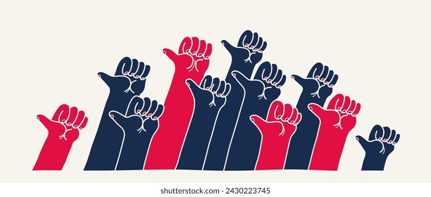 Raised hands with like thumb up button, vector illustration of a group of people showing thumb up gesture, social assessment of society concept.