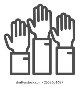 Raised up hands line icon, osint analytics concept. Vector graphics. Three hands, voting sign on white background, outline style icon for mobile or web design