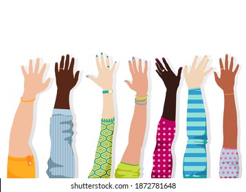 Manos levantadas. Muchas manos de personas diferentes. Manos de hombre y mujer. Aislado sobre un fondo blanco. Ilustración vectorial.