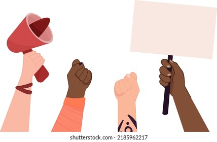 Raised hands up with megaphone, placards, fists in protest