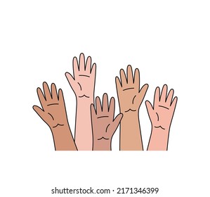 Raised up hands, multi-colored palms of people different nationalities and rases.Citizens vote, express opinion, support choice.Volunteer aid movement. Flat,minimalism.Isolated.Vector illustration