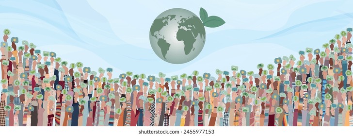 Raised hands of multicultural diverse people holding speech bubble with symbols relating to ecology green and clean environment solar energy recycling and reuse for a sustainable future
