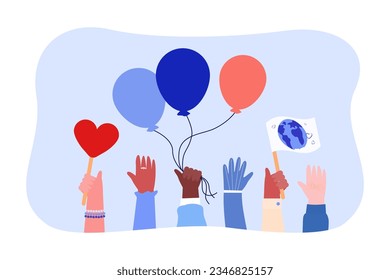 Raised hands of multicultural people vector illustration. Drawing of arms of people or children of different nationalities with balloons and flag. Diversity, inclusion, equality, communication concept