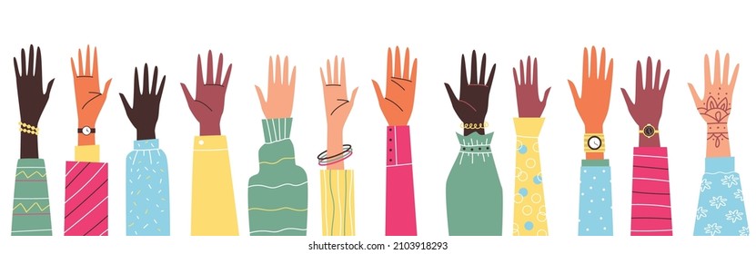 Raised hands of multi-ethnic people flat vector illustration isolated on white background. Raised hand in support or cheering as concept of racial equality and diversity.