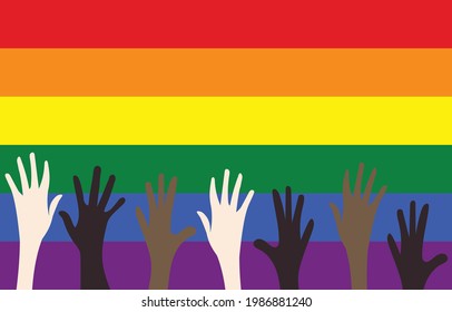 Manos alzadas sobre el fondo de la bandera arcoiris. Concepto de orgullo LGBT. Ilustración vectorial