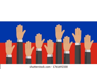 Raised up hands on russian flag vector illustration. Teamwork, collaboration, voting, volunteering concert.