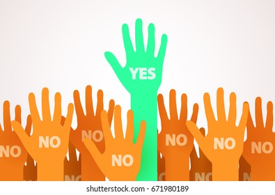 Raised Hands With One Individuality Or Unique Person Saying Yes. One Leader Of The Crowd. Voting Or Volunteer Concept. Vector Illustration.