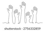 Raised hands one line art, hand-drawn group of hands continuous contour drawing, voting democracy participation, business teamwork support, volunteer community unity collaboration, choice engagement