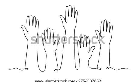Raised hands one line art, hand-drawn group of hands continuous contour drawing, voting democracy participation, business teamwork support, volunteer community unity collaboration, choice engagement