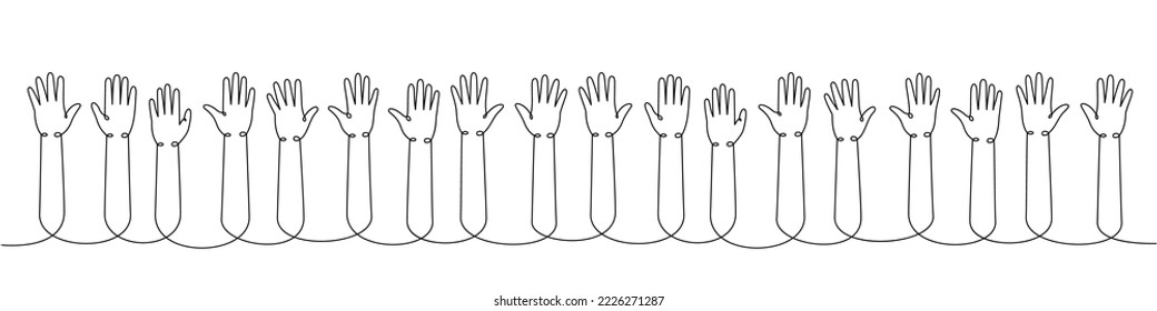 Raised hands one line continuous drawing. Teamwork, collaboration continuous one line illustration. Vector minimalist linear illustration.