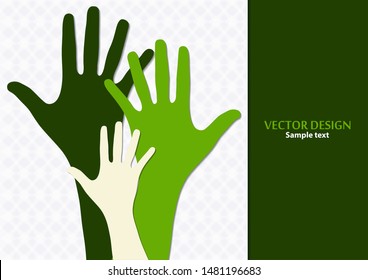 Raised hands, open palms. The concept of charity, volunteering, love, goodness, equality, racial and social issues. Vector illustration for your design.