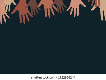 Raised hands, open palms. The concept of charity, volunteering, love, kindness, equality, racial and social issues. Vector illustration for your design.