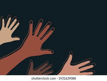 Manos alzadas, palmas abiertas. El concepto de caridad, voluntariado, amor, bondad, igualdad, temas raciales y sociales. Ilustración vectorial para su diseño.