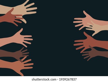 Raised hands, open palms. The concept of charity, volunteering, love, kindness, equality, racial and social issues. Vector illustration for your design.