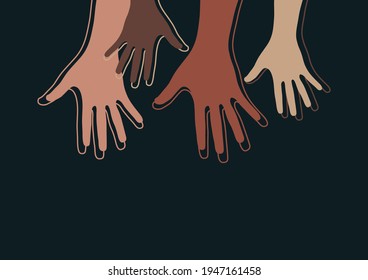 Raised hands with open palms. The concept of charity, volunteering, love, kindness, equality, racial and social issues. Vector illustration for your design.