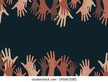 Raised hands, open palms. The concept of charity, volunteering, love, kindness, equality, racial and social issues. Vector illustration for your design.