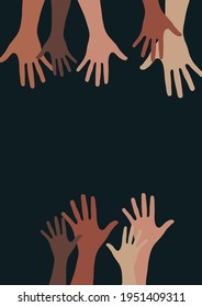 Manos alzadas, palmas abiertas. El concepto de caridad, voluntariado, amor, bondad, igualdad, temas raciales y sociales. Ilustración vectorial para su diseño.