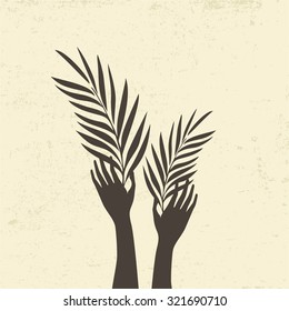 Raised hands and palm fronds