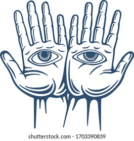 Raised hands palms with all seeing eyes vector illustration. Spiritual hands with eyes on palms. Part of screen. 